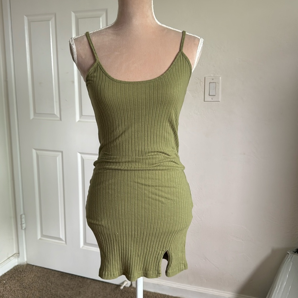 Olive Green Knit Mini Dress with Thigh Slit Cut Out